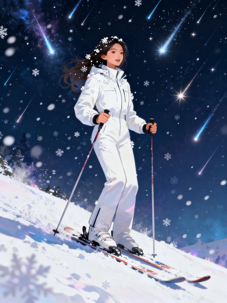 星夜滑雪梦境插画