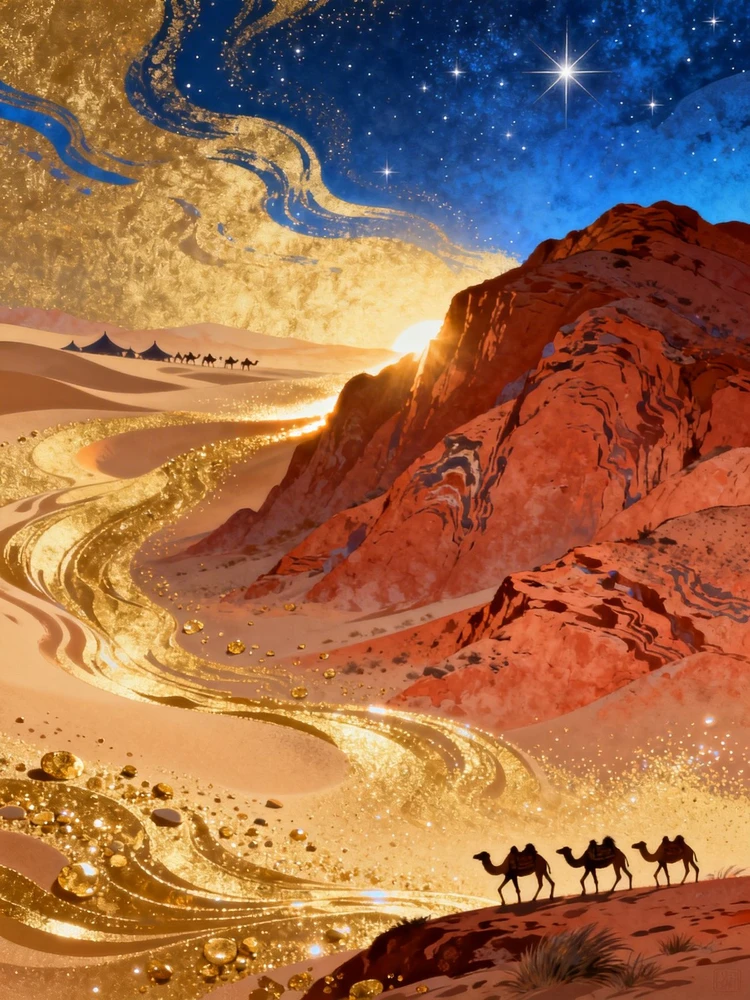 敦煌丝路金彩插画生成