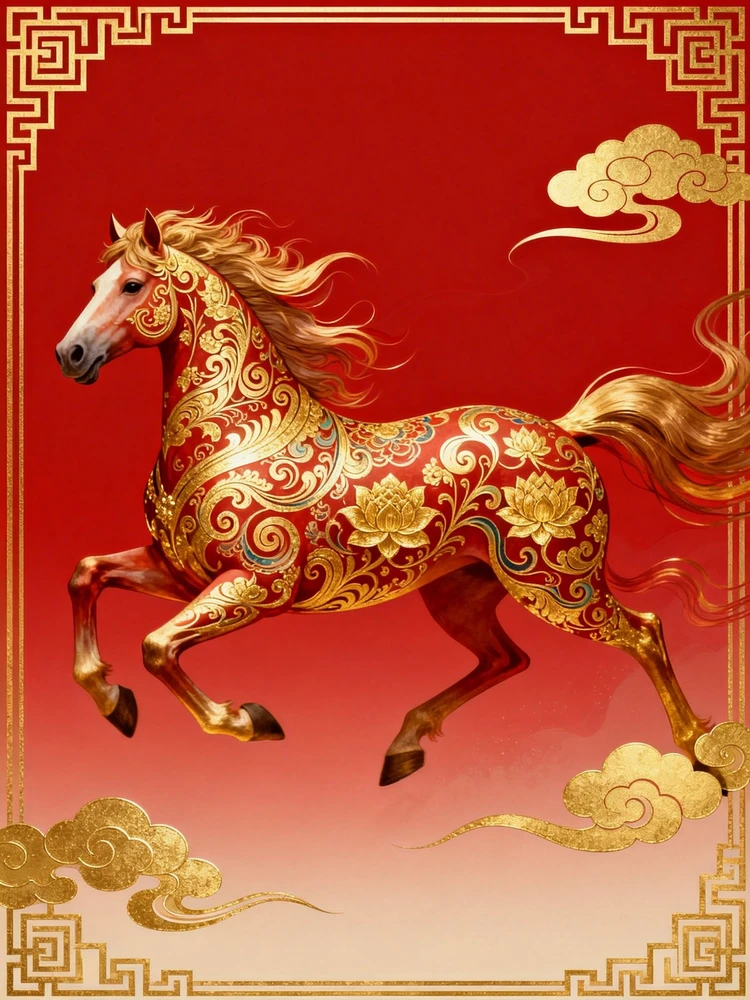 敦煌鎏金国潮马纹海报