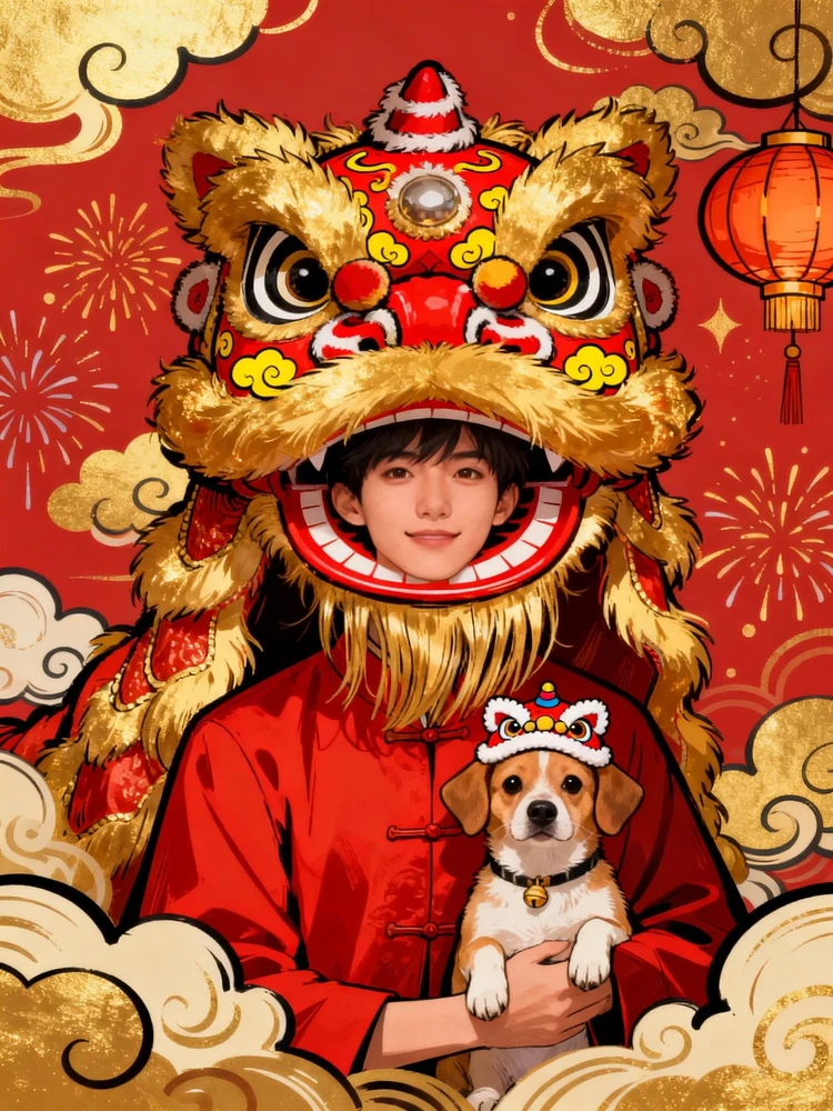 国潮醒狮涂鸦插画生成