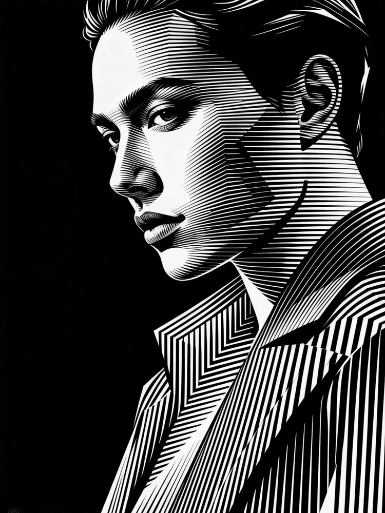 黑白线刻欧普人物插画