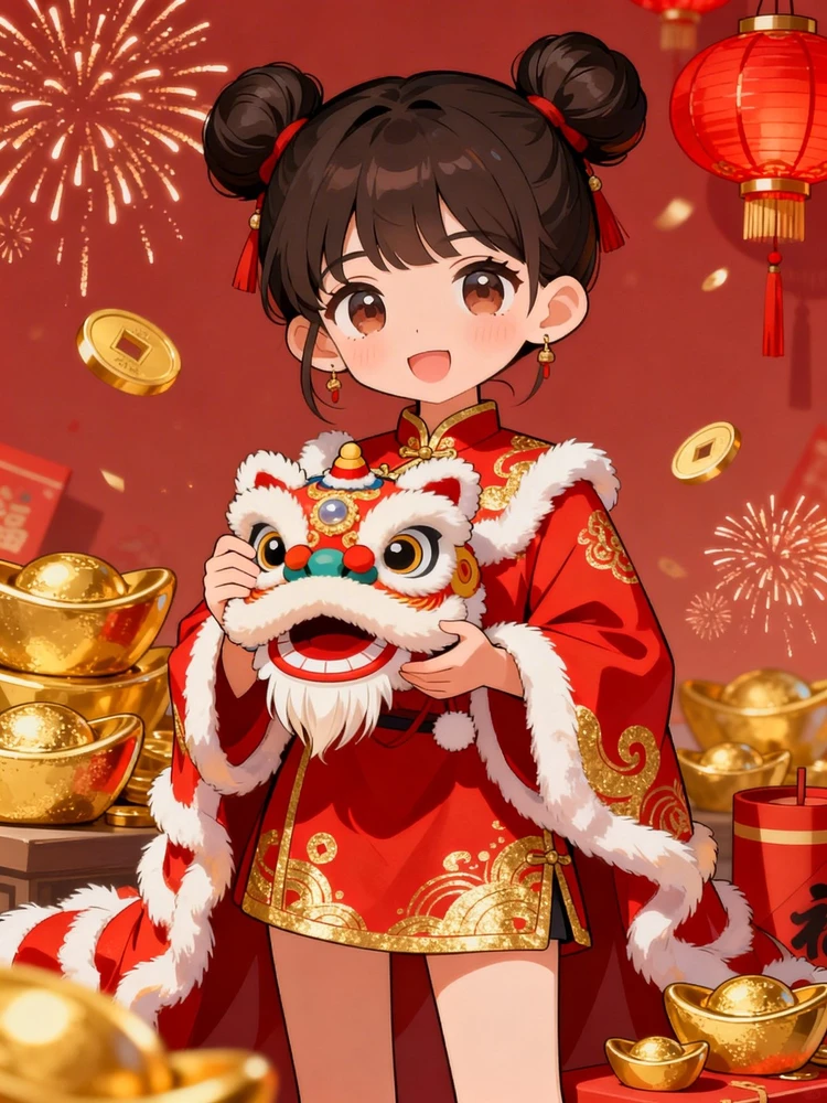 新年舞狮少女萌系插画