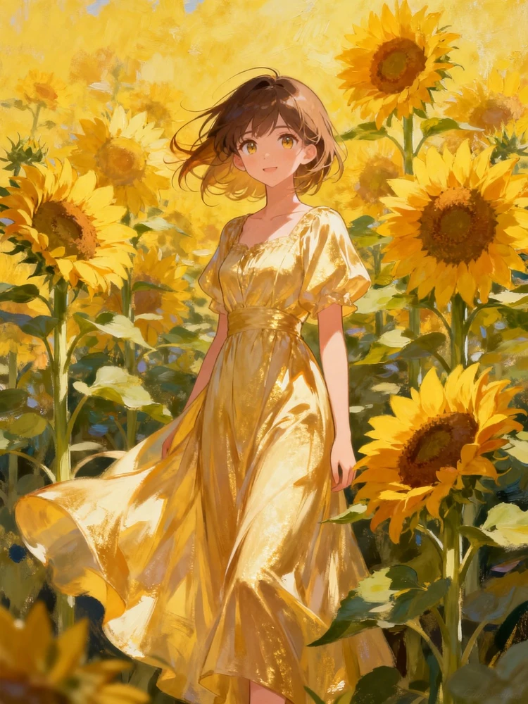 油画系向日葵少女插画