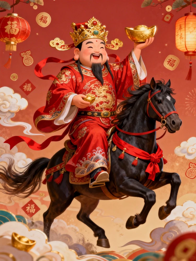 新春骑马财神年画照