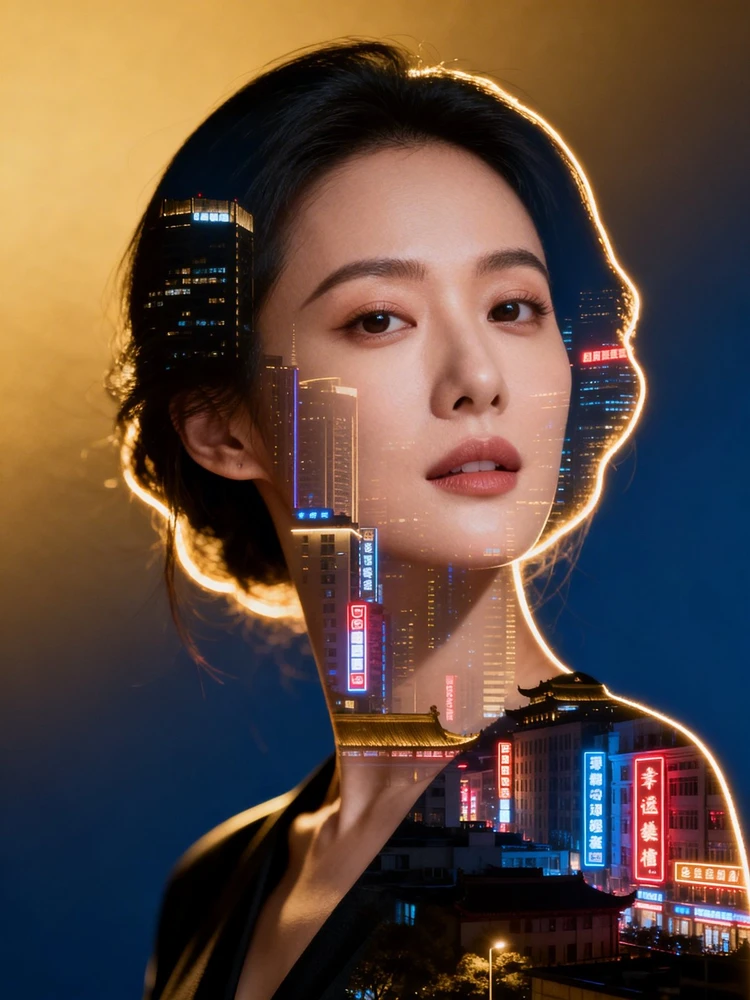 人像双重曝光城市海报