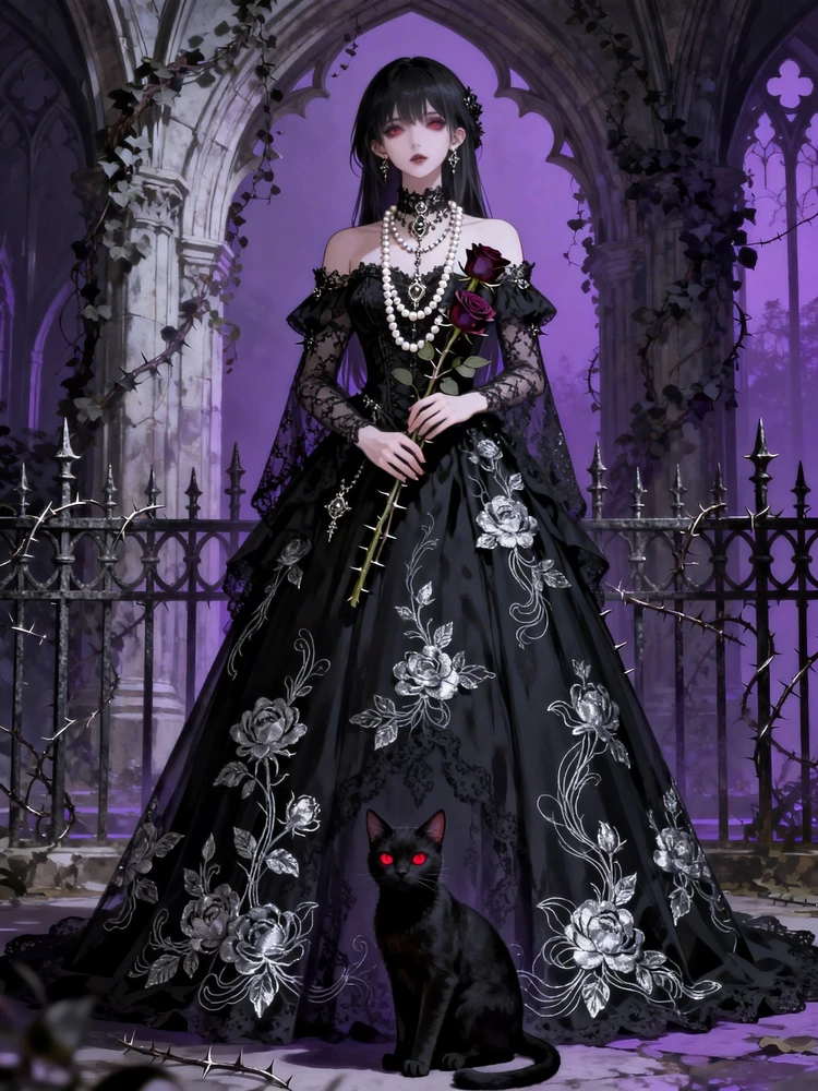 暗黑哥特花园少女插画
