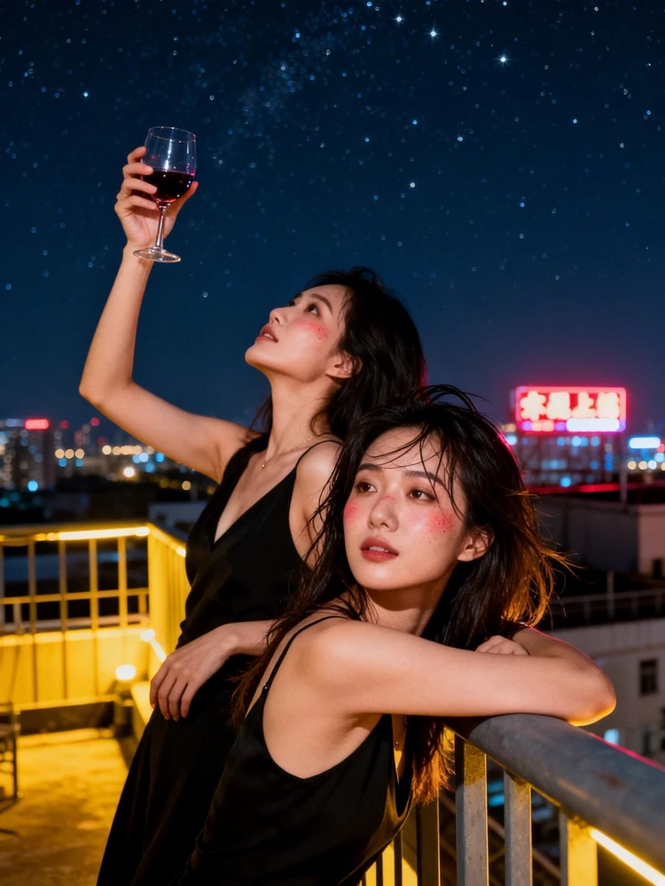 闺蜜微醺天台夜拍