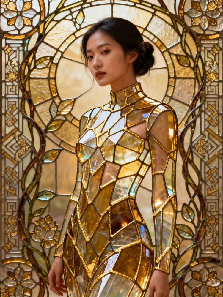 彩窗花纹人像艺术画