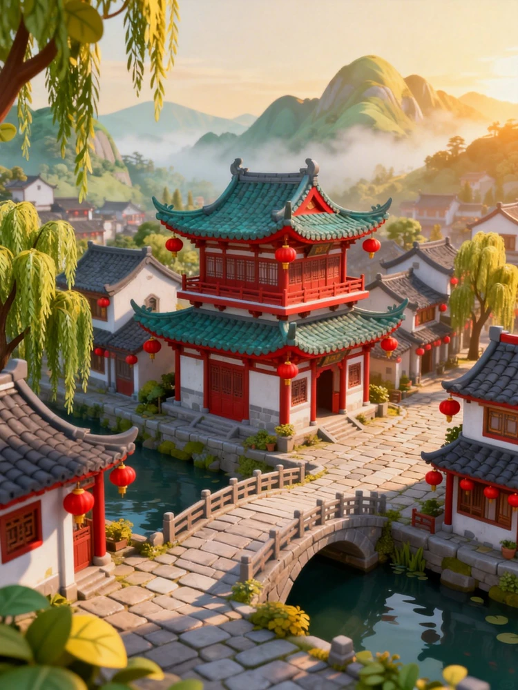 国风卡通游戏小镇场景生成