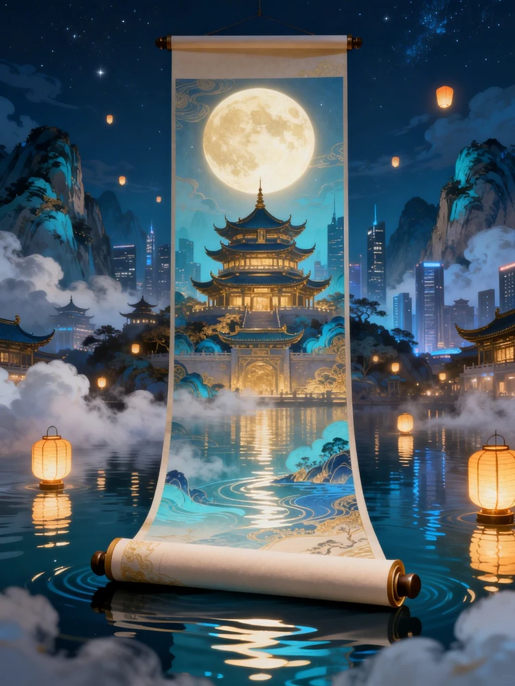 城市卷轴国风夜景海报