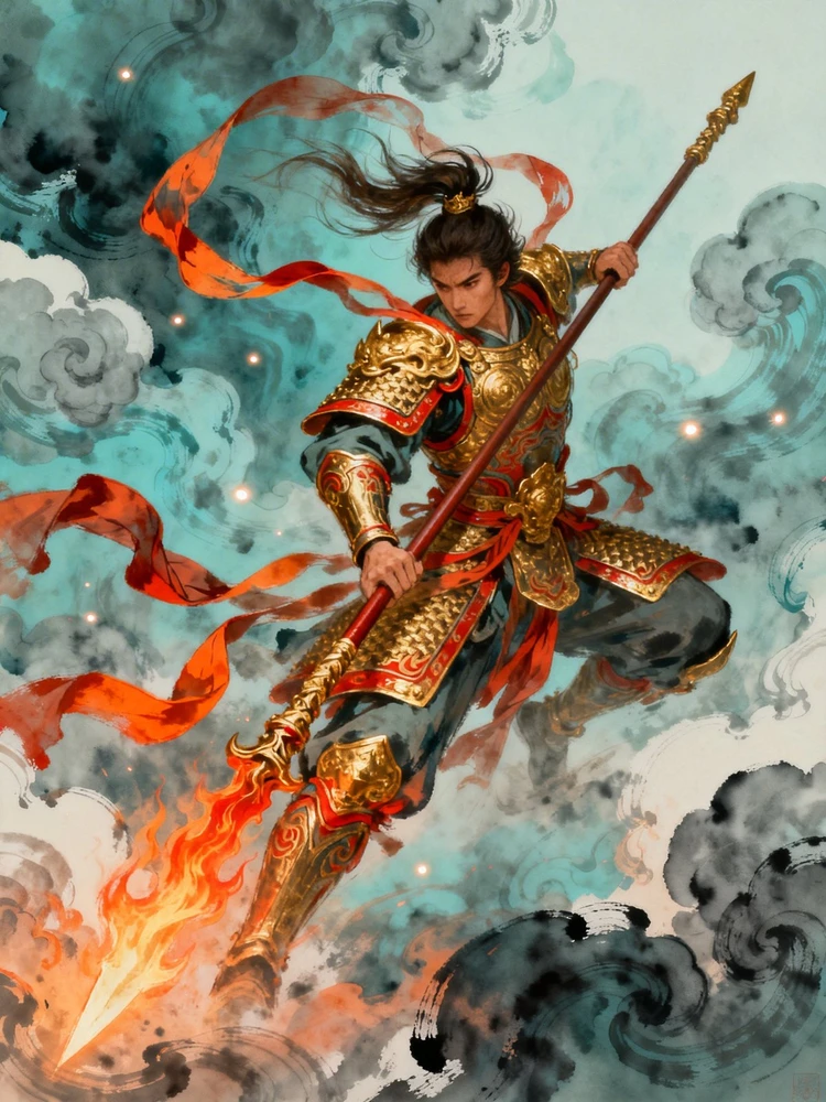 国风神将水墨战斗插画