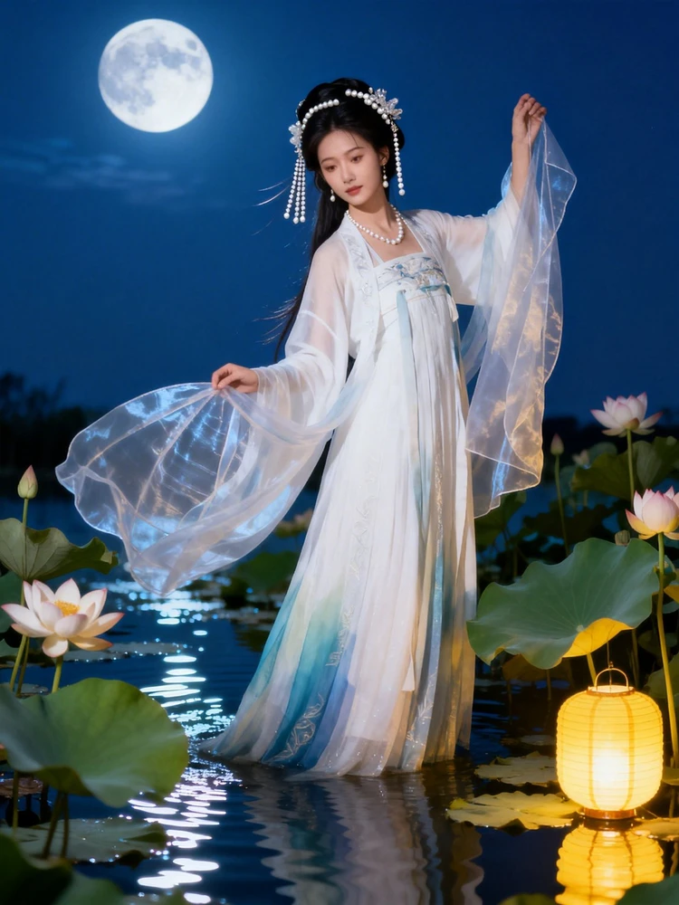月下荷塘汉服仙子写真