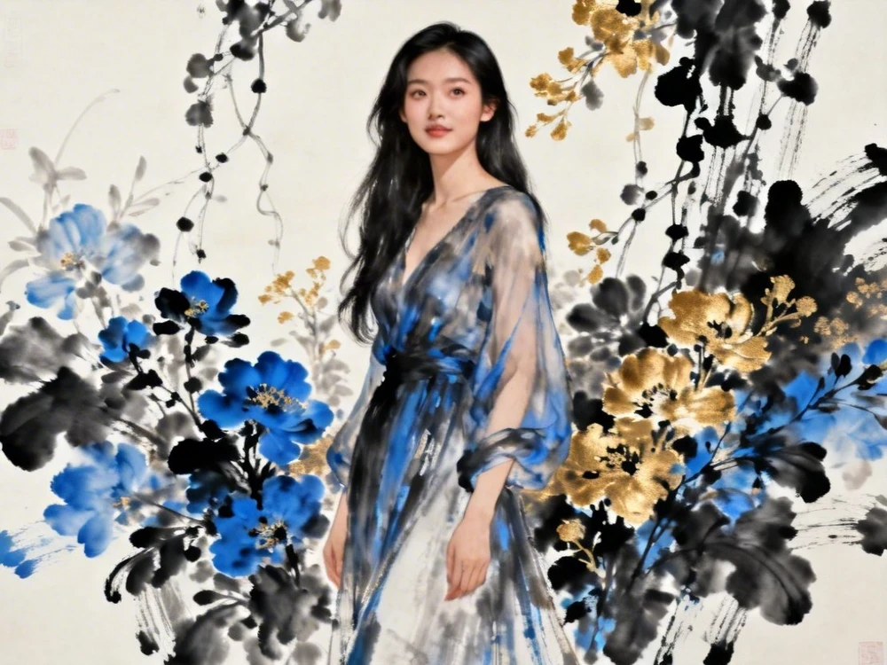 蓝金水墨花境人像