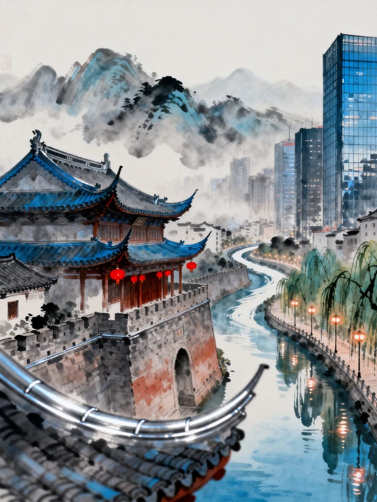 水墨城市绘卷插画