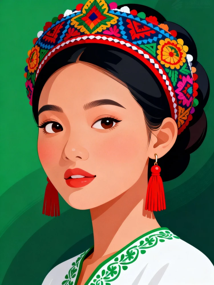 墨西哥民艺红绿插画肖像