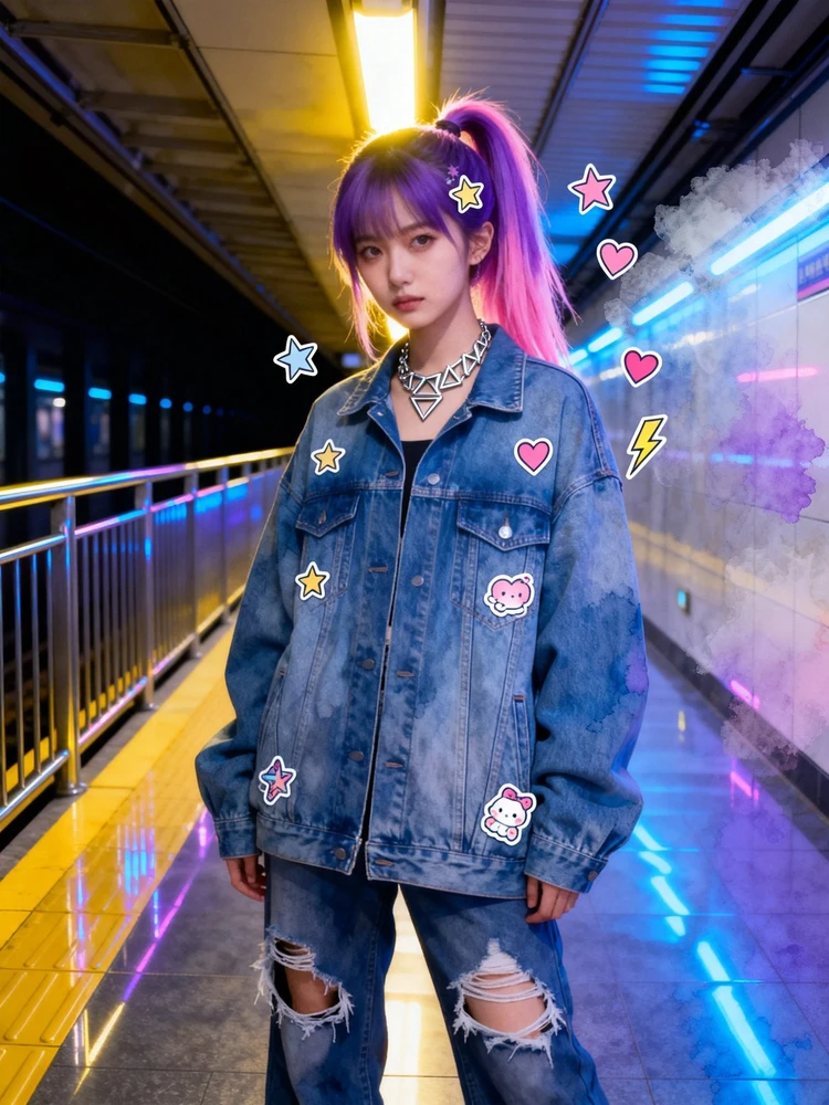 地铁夜拍潮酷少女写真