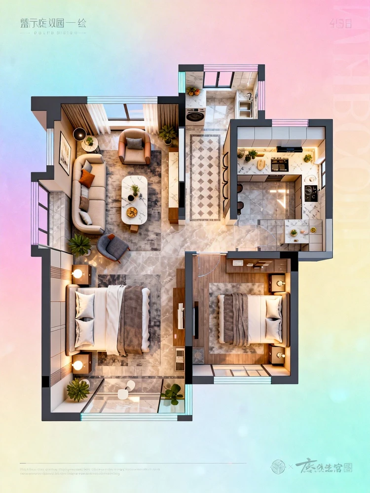 黑白户型图转彩色效果图