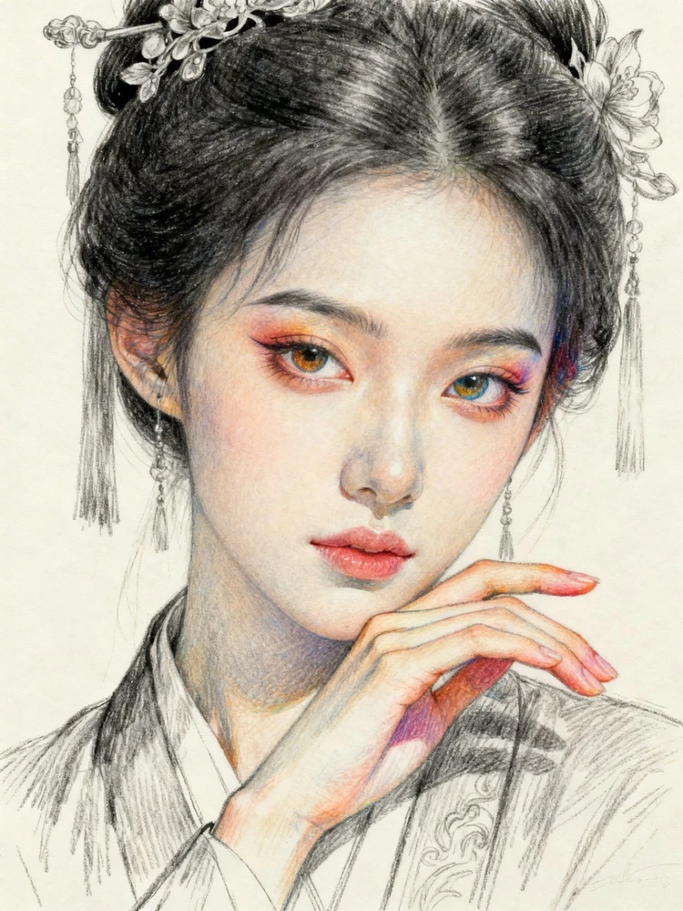 局部彩铅国风肖像画