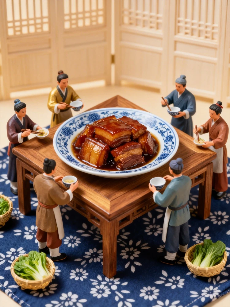 国风小人围桌美食微缩海报