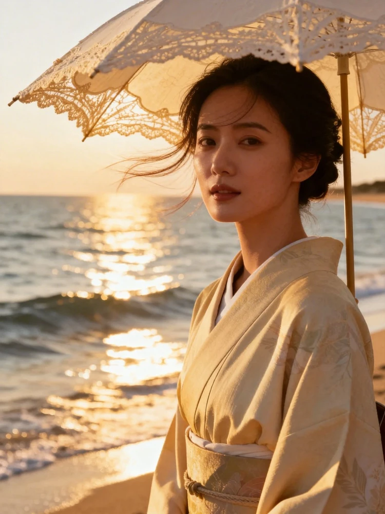 海边和风伞下写真