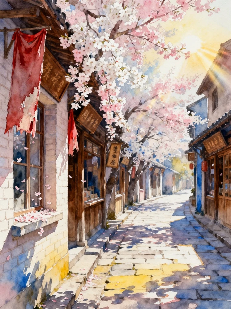 春日小镇水彩海报