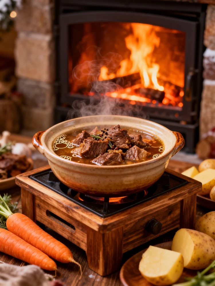 冬日暖炉美食场景图