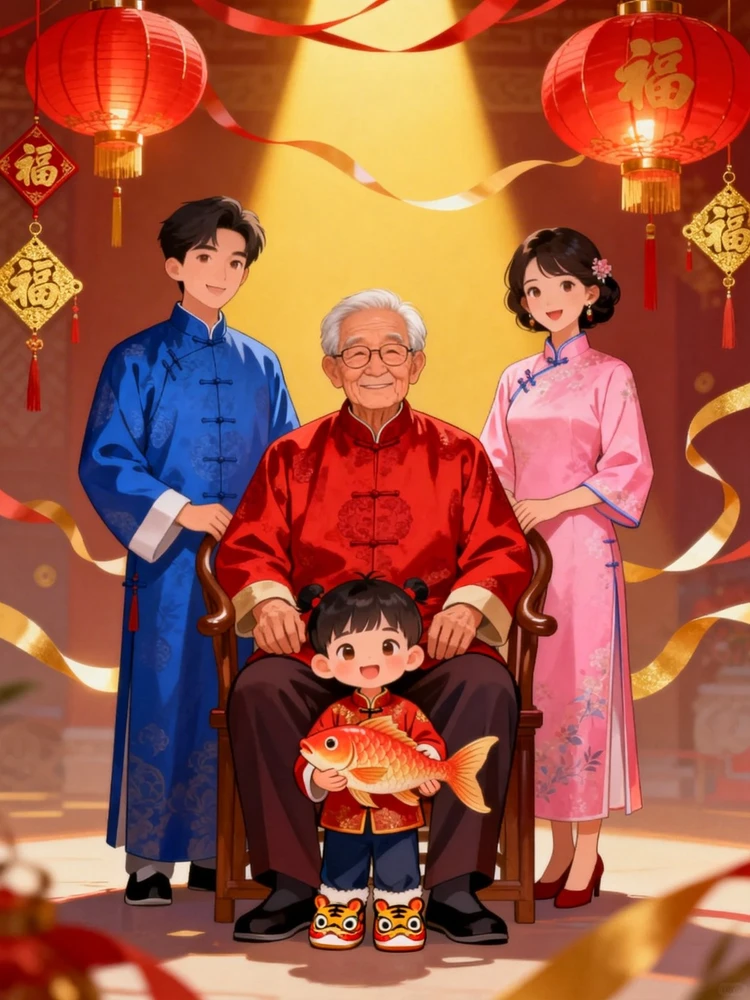 复古年味全家福插画海报