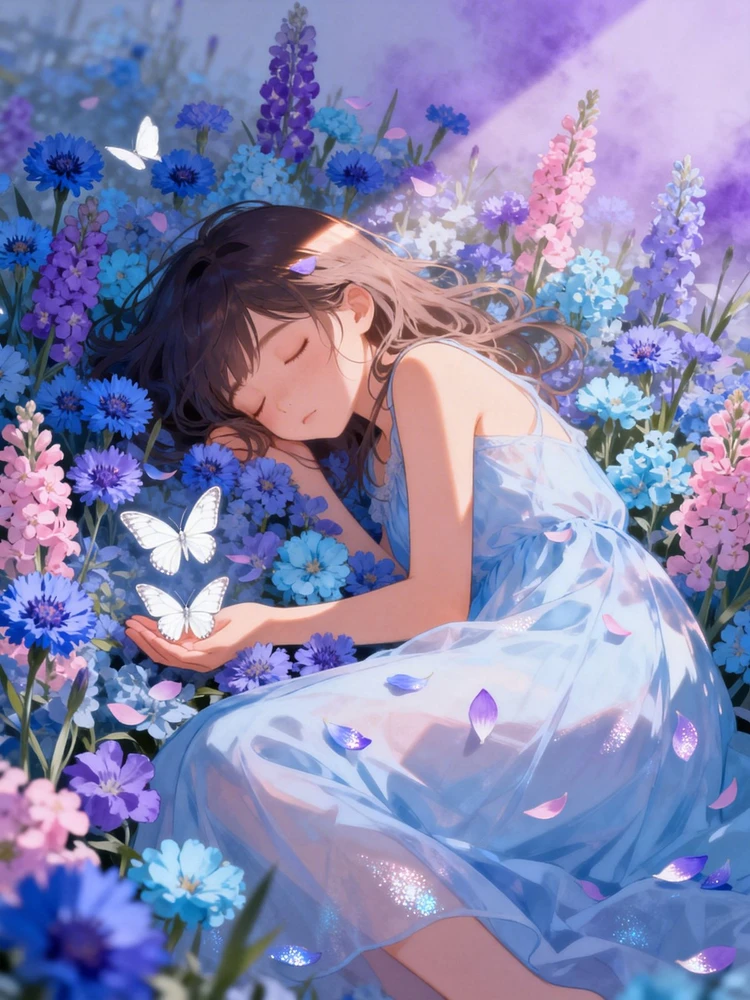 梦境花海治愈少女插画