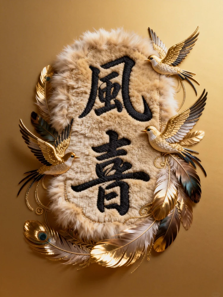 刺绣羽饰书法字