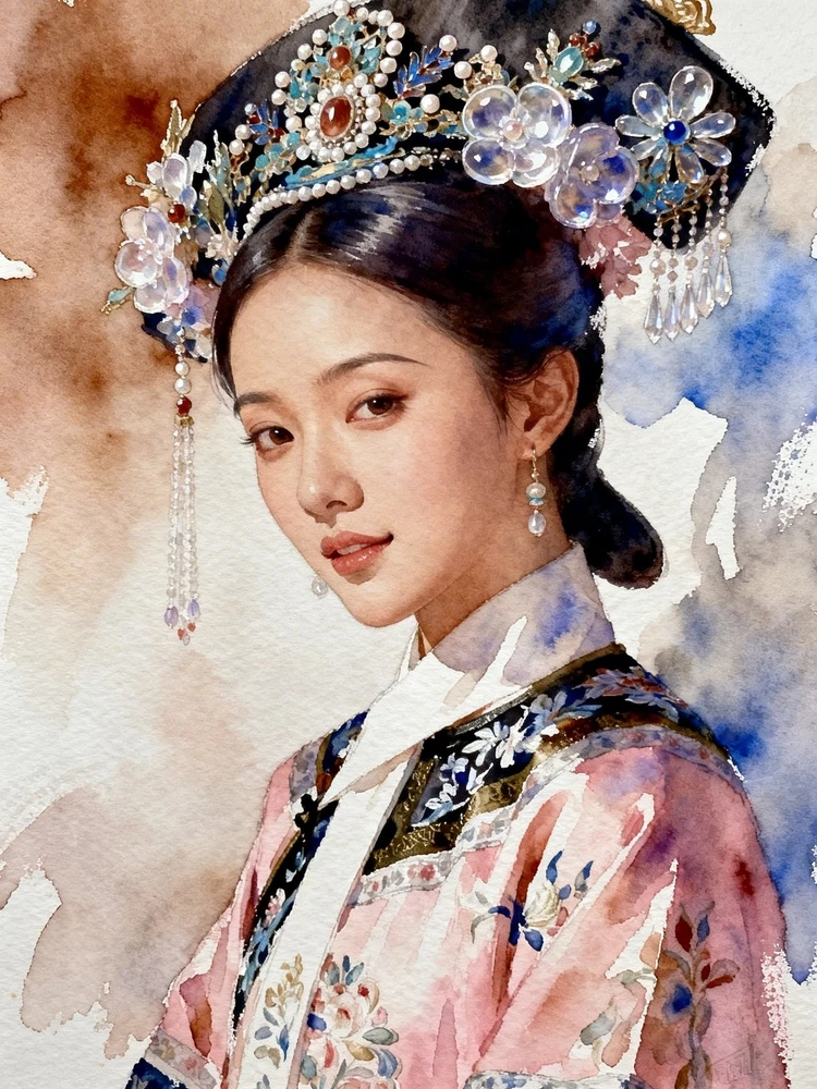 水彩清朝美人像