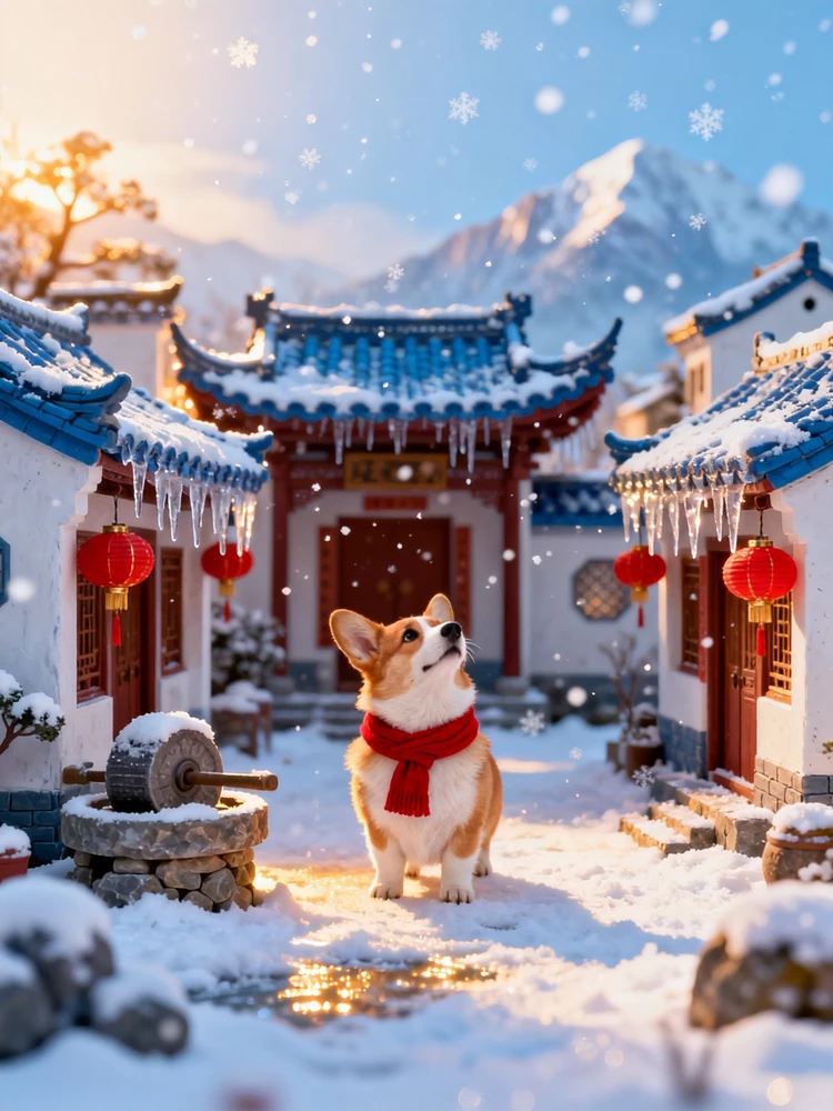 萌宠雪景微缩小镇写真