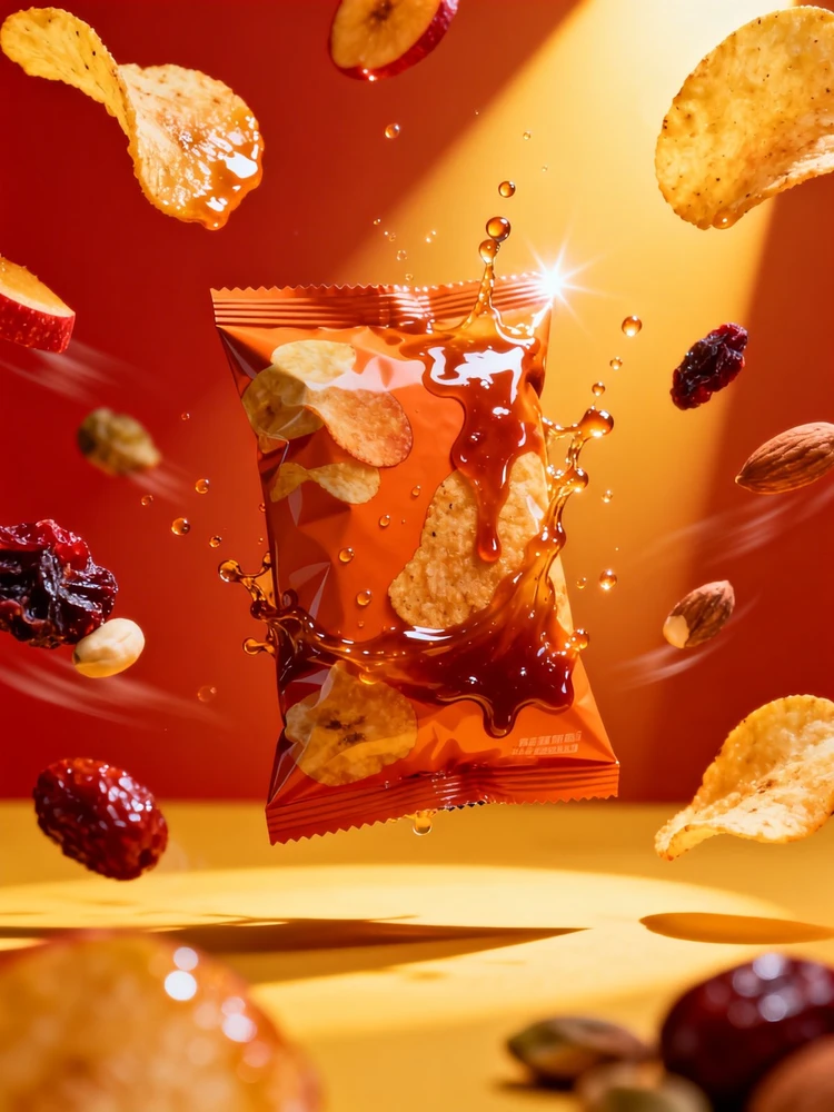 零食包装爆汁悬浮海报