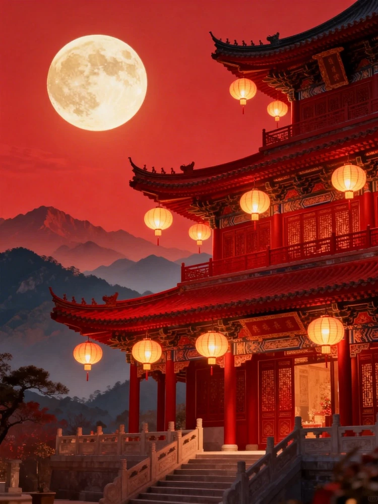 国风红墙灯影海报