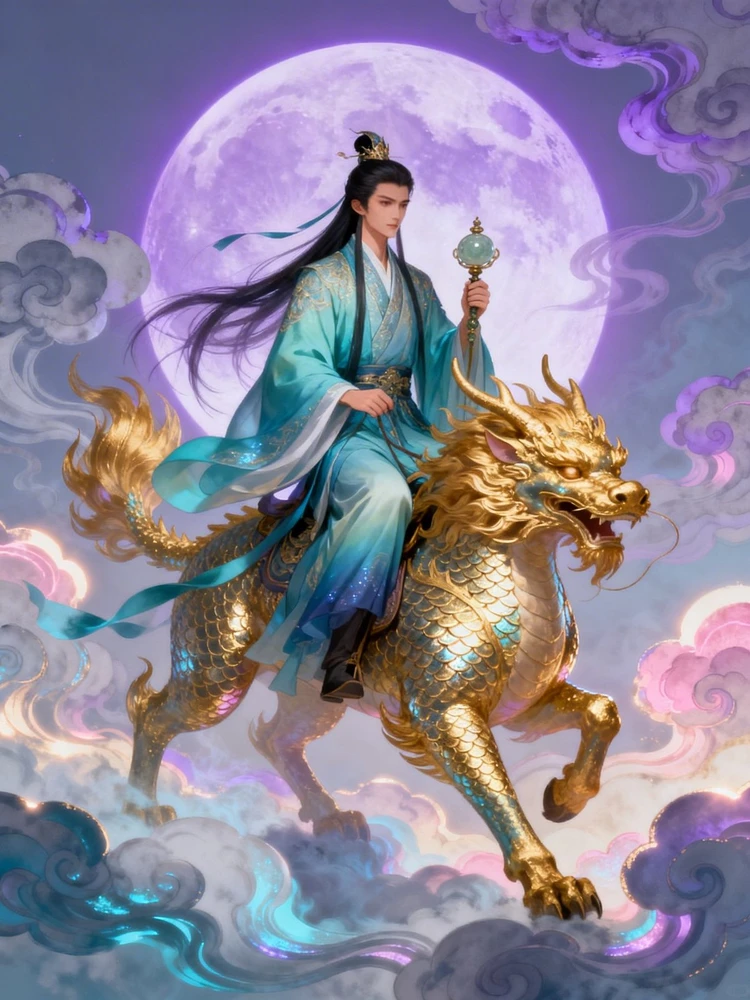 国风神兽骑行幻境插画